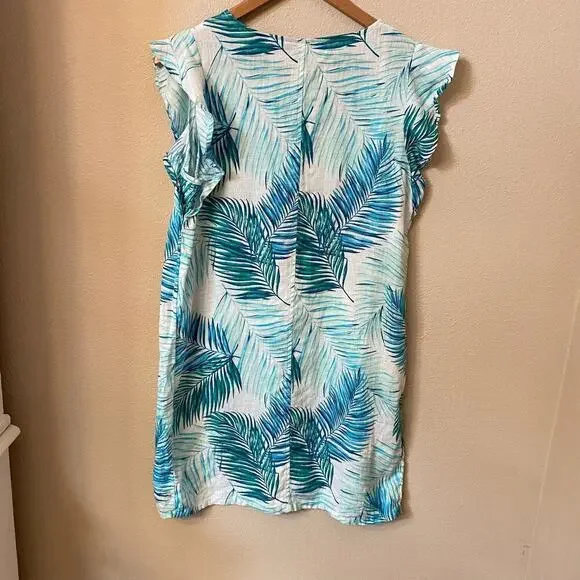 Tahari 100% Linen Palm Leaf Teal Short Dress Womens sz S Casual Tropical Relaxed - Picture 9 of 11